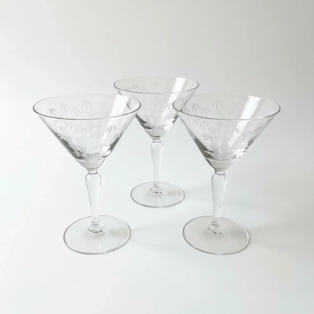 Sasaki Noritake Bamboo Etched Crystal Martini Cocktail Stemmed Glasses Set 3-MCM